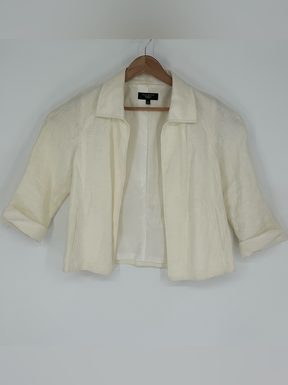 Talbots 100% Linen Open Front White Blazer Petite Women's Small A5